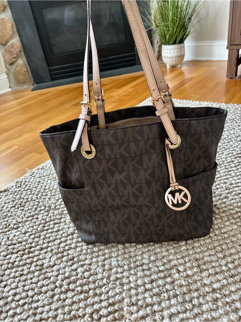 Michael Kors Dark Brown MK Logo Tote with Light Tan Straps